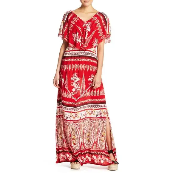RAGA | Dresses | Raga Xs New Luisa Ruffle Maxi Red Paisley Flutter Sleeve  Viscose V Neck Dress | Poshmark